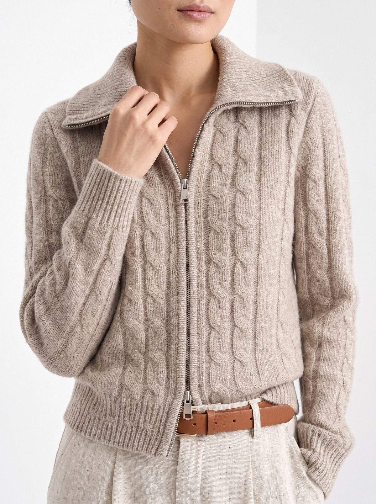 BLENIN cable zip collar cardigan in camel, close-up of the collar and details