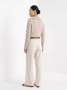BLENIN cable zip collar cardigan in camel, back view