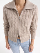 BLENIN cable zip collar cardigan in camel, fit detail at the hem and cuff