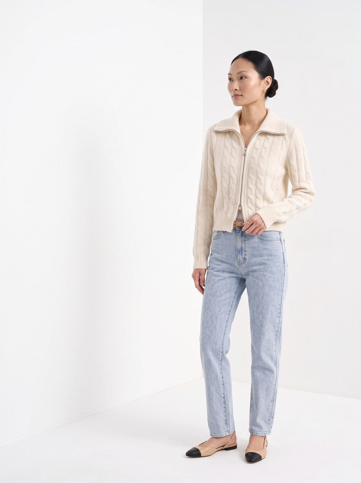 BLENIN cable zip collar cardigan in cream, three-quarter view
