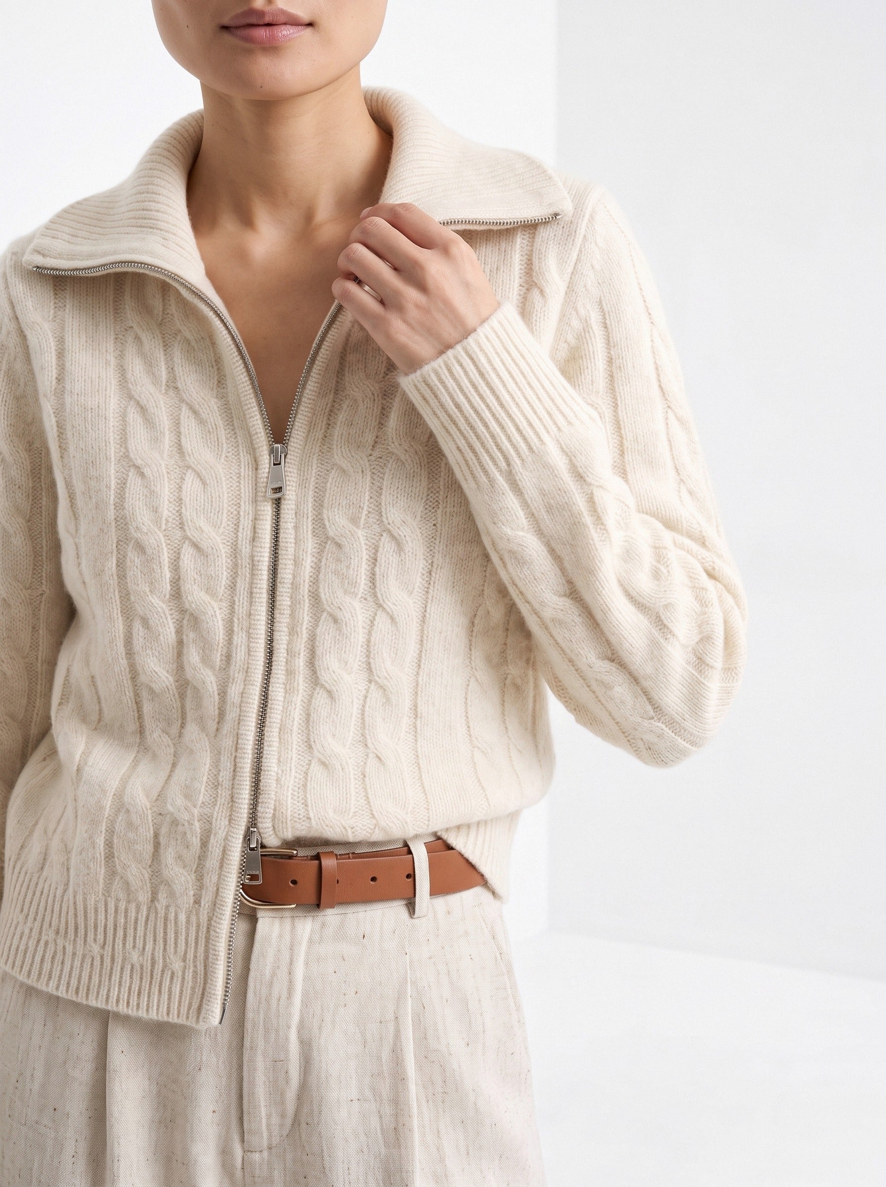 BLENIN cable zip collar cardigan in cream, close-up of the details