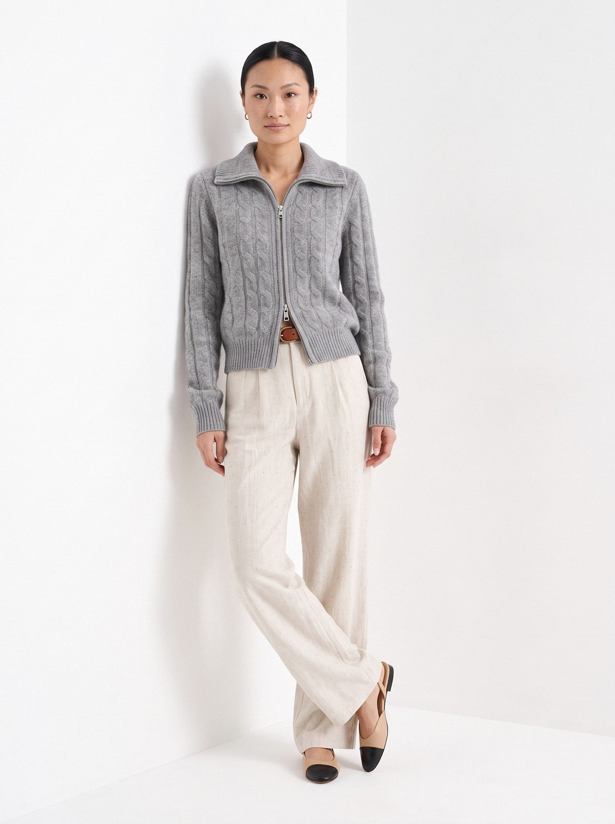 BLENIN cable zip collar cardigan in grey, full-length front view