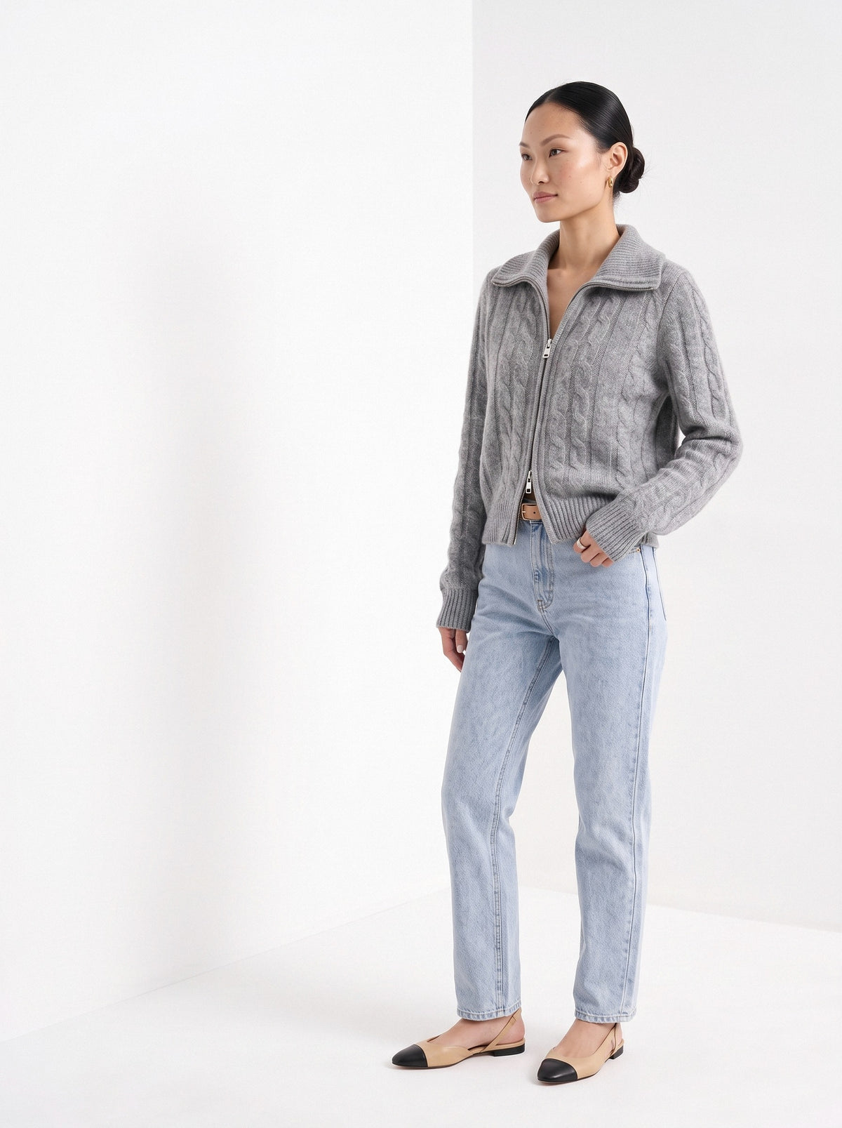 BLENIN cable zip collar cardigan in grey, three-quarter view