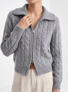 BLENIN cable zip collar cardigan in grey, close-up of the details