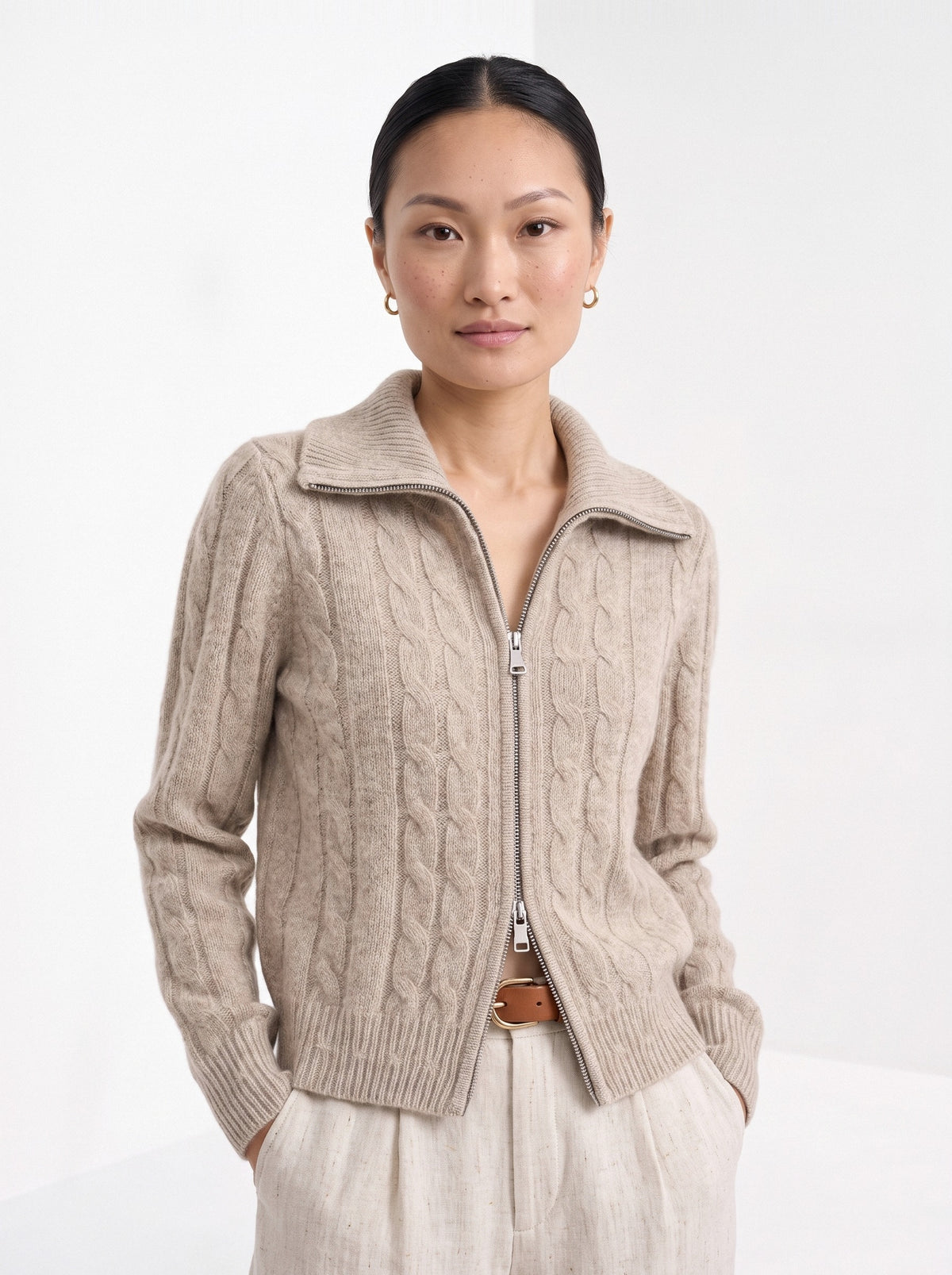 BLENIN cable zip collar cardigan in camel, front portrait