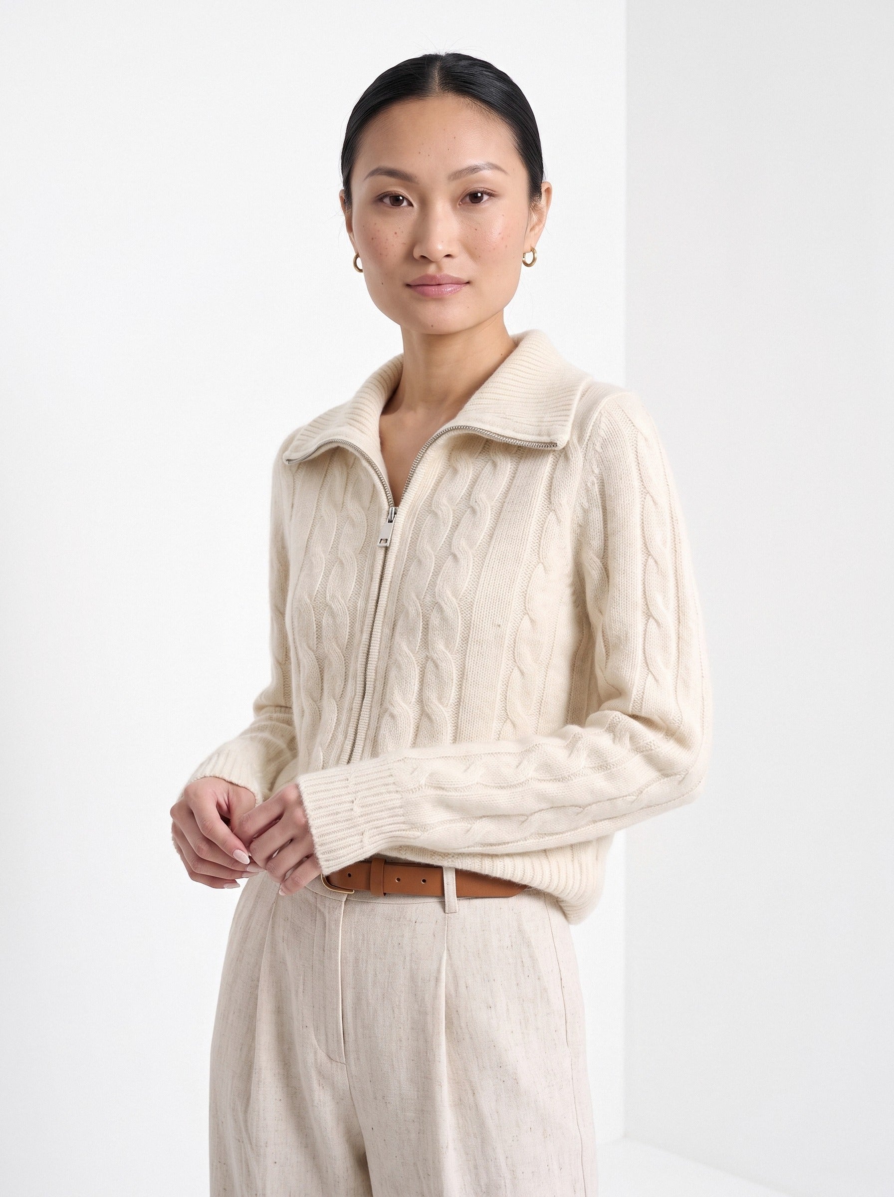 BLENIN cable zip collar cardigan in cream, front portrait
