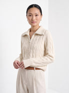 BLENIN cable zip collar cardigan in cream, front portrait