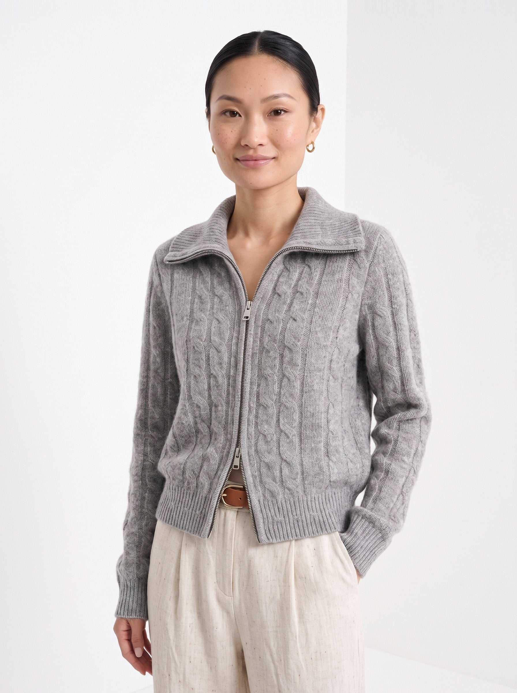 BLENIN cable zip collar cardigan in grey, front portrait