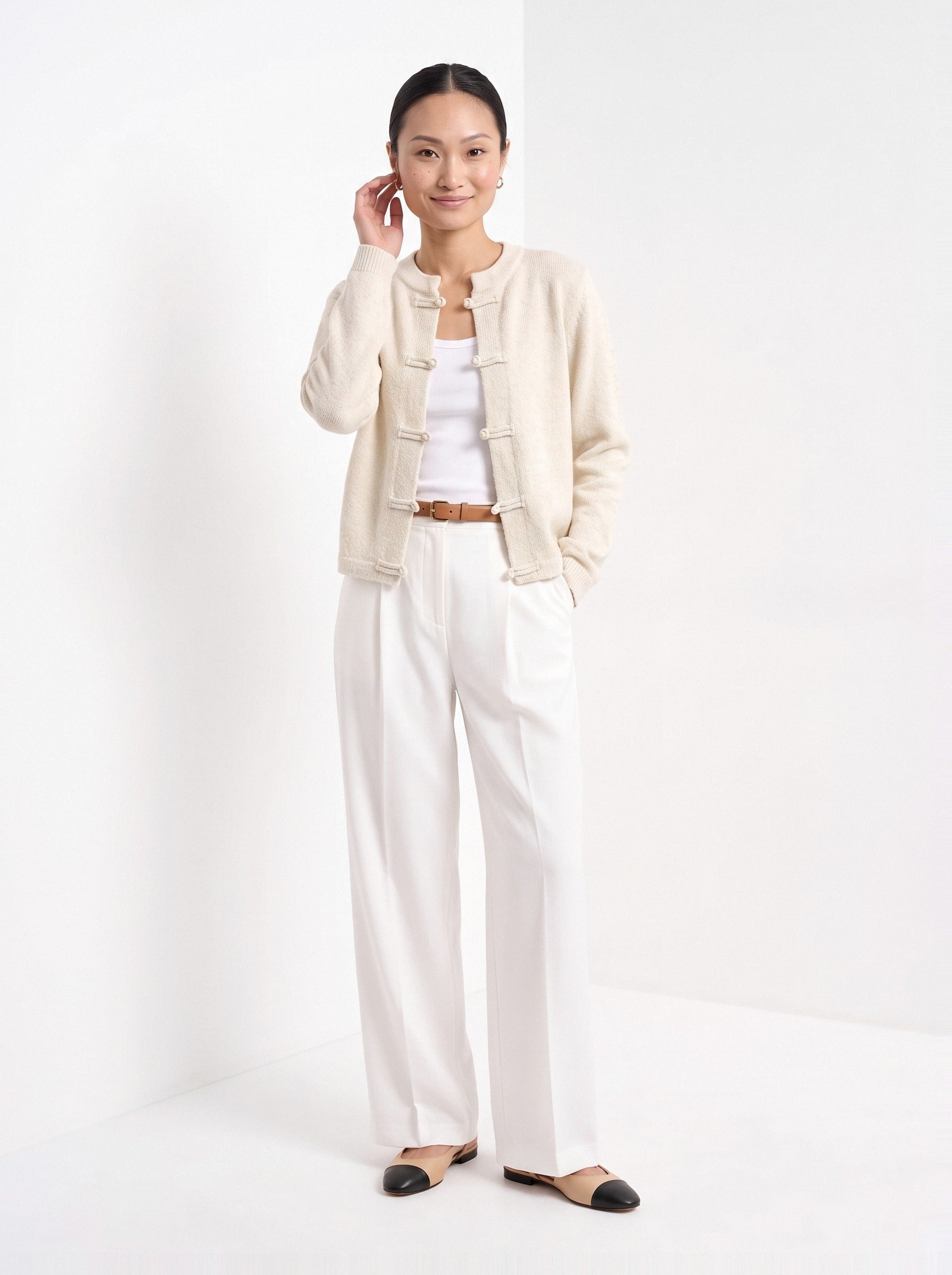 BLENIN knot button cardigan in cream, full-length front view