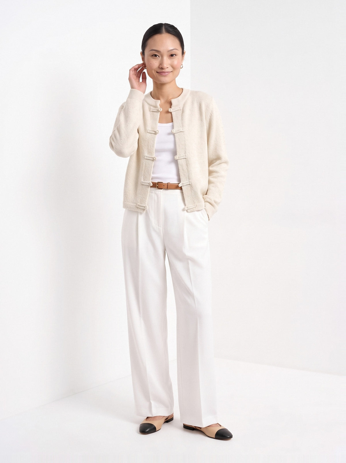 BLENIN knot button cardigan in cream, full-length front view