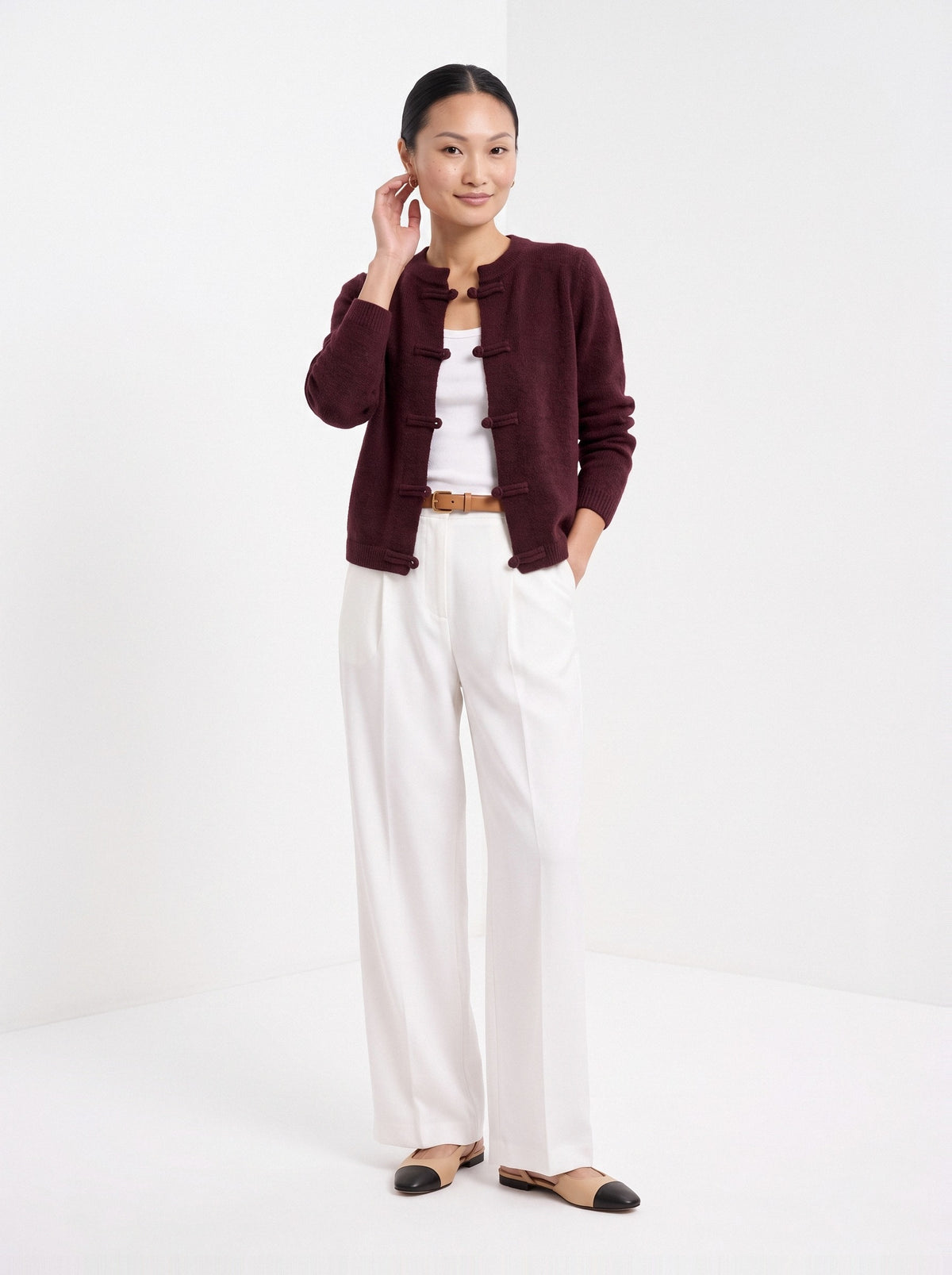 BLENIN knot button cardigan in burgundy, full-length front view