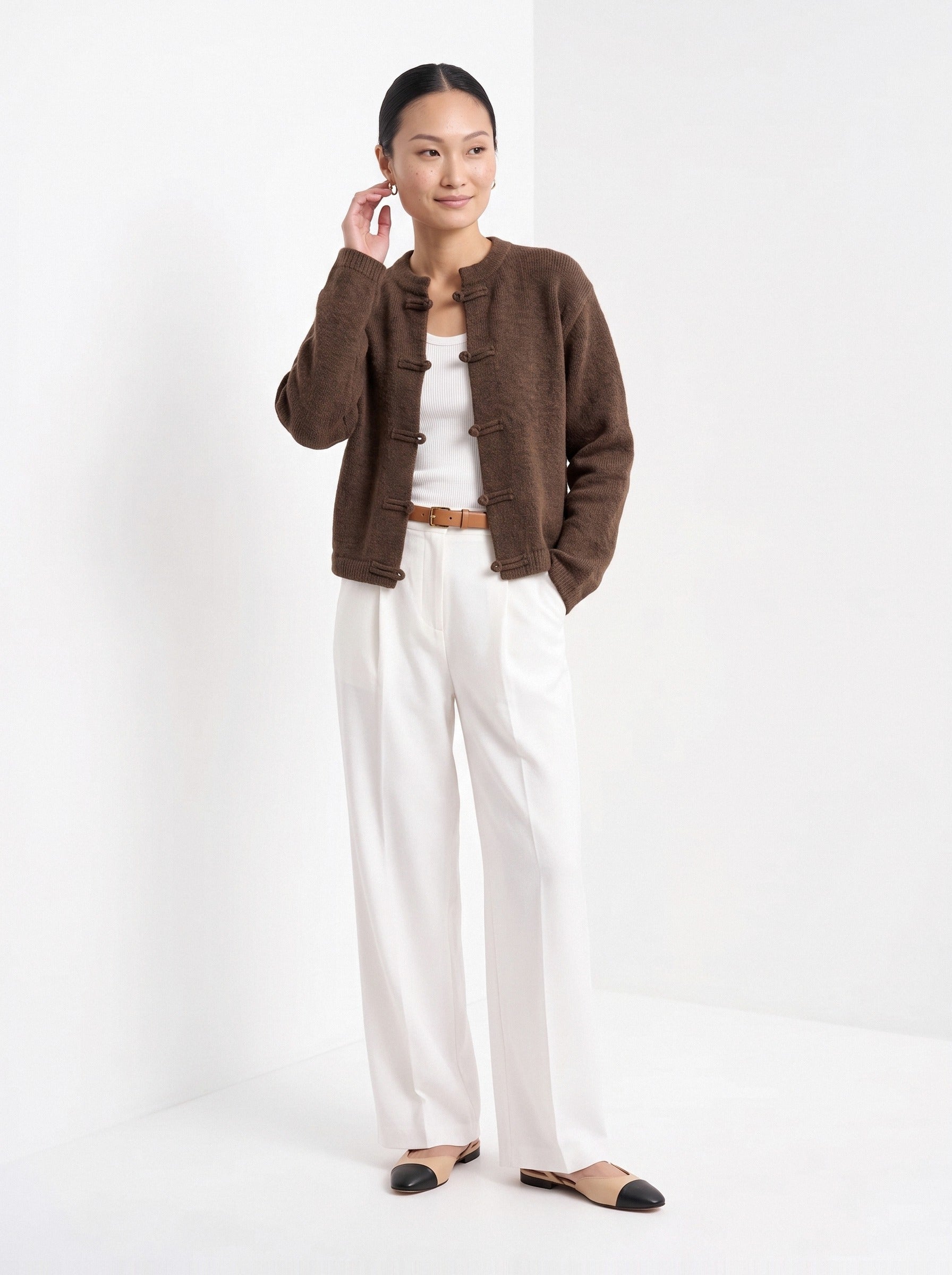 BLENIN knot button cardigan in chocolate, full-length front view
