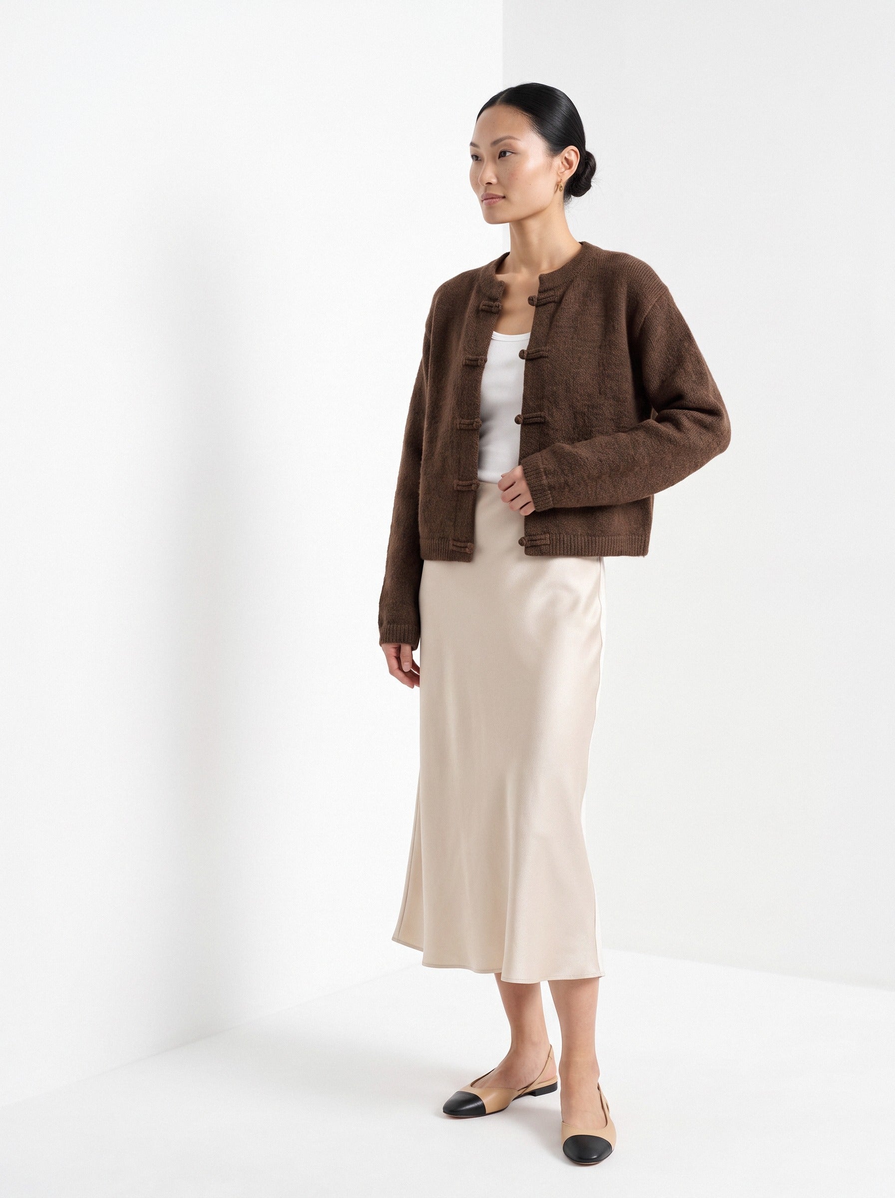 BLENIN knot button cardigan in chocolate, three-quarter view
