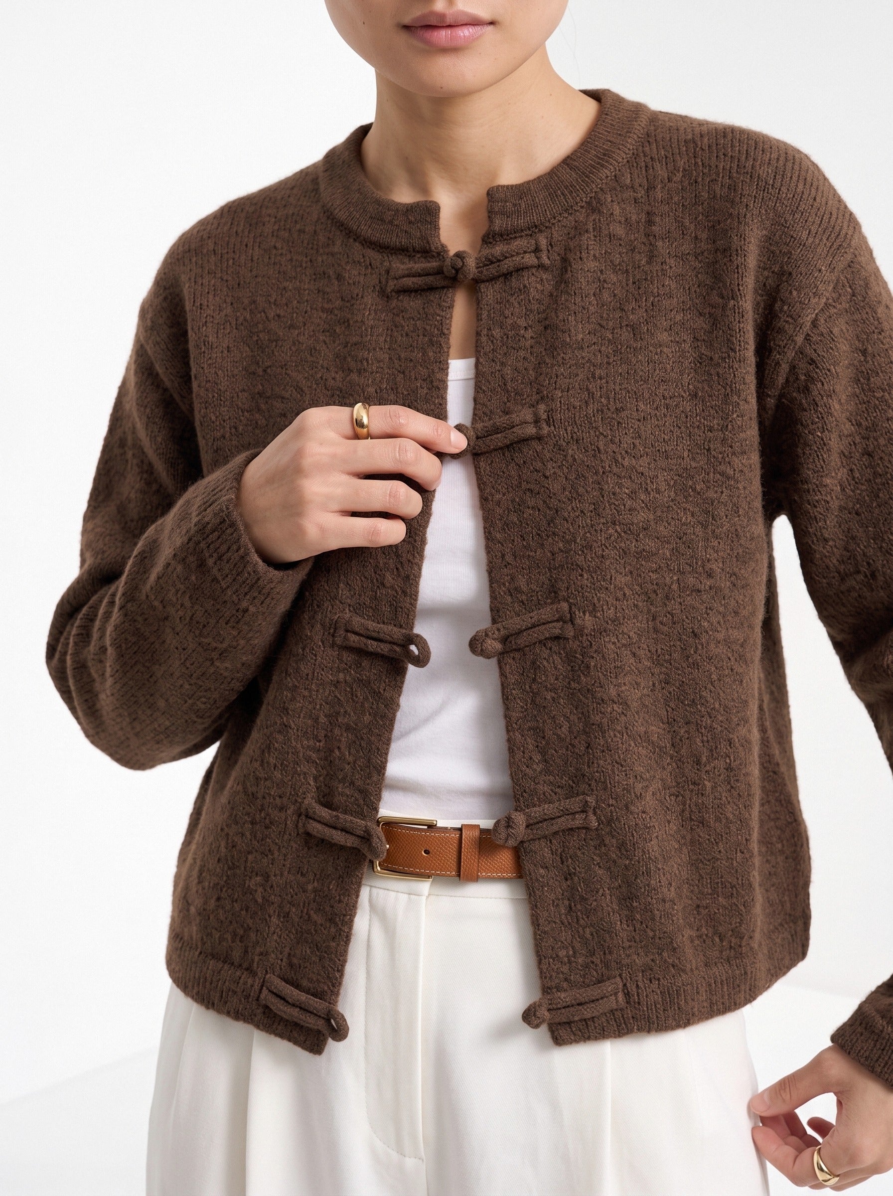 BLENIN knot button cardigan in chocolate, close-up of the details
