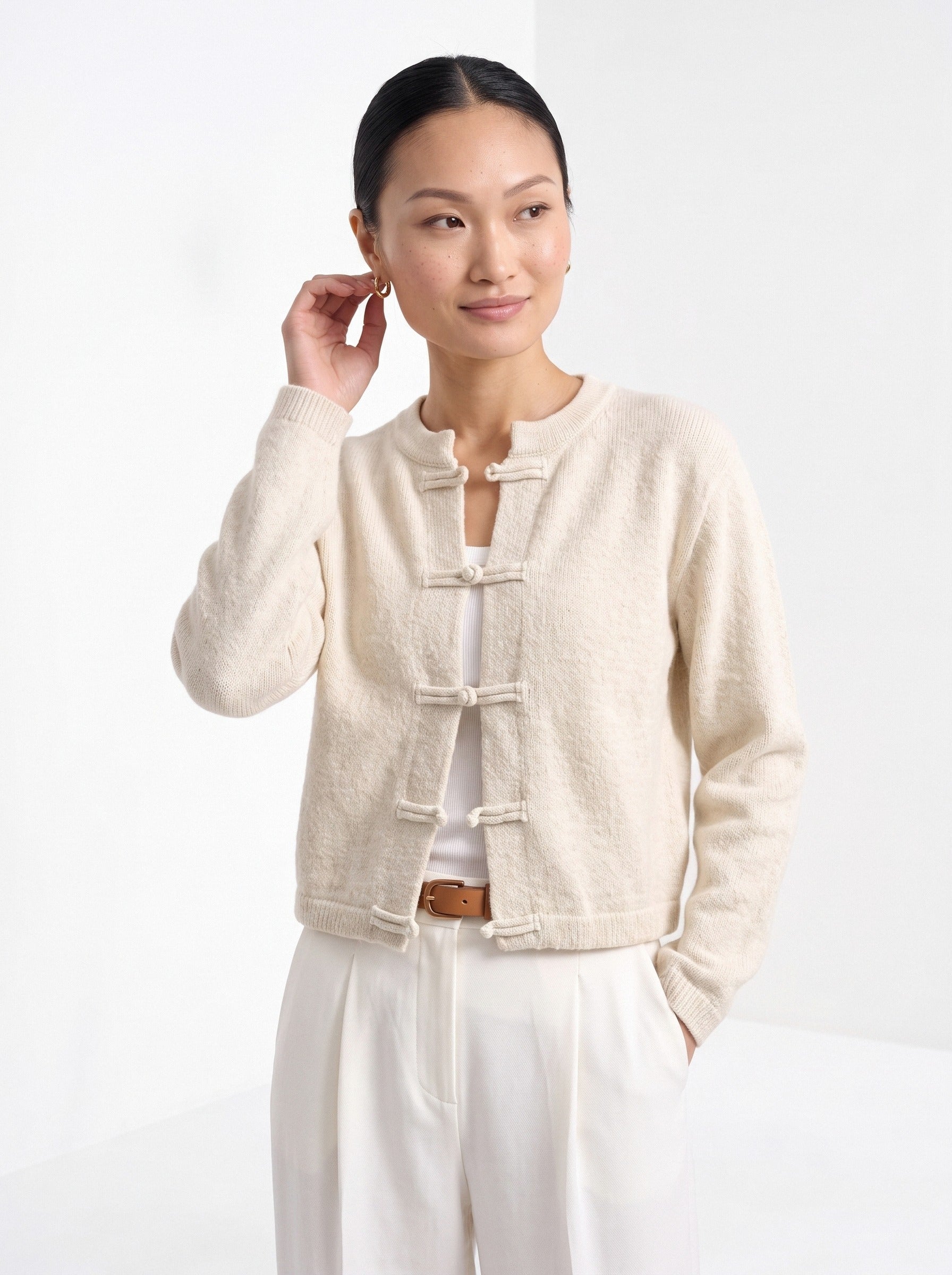 BLENIN knot button cardigan in cream, front portrait