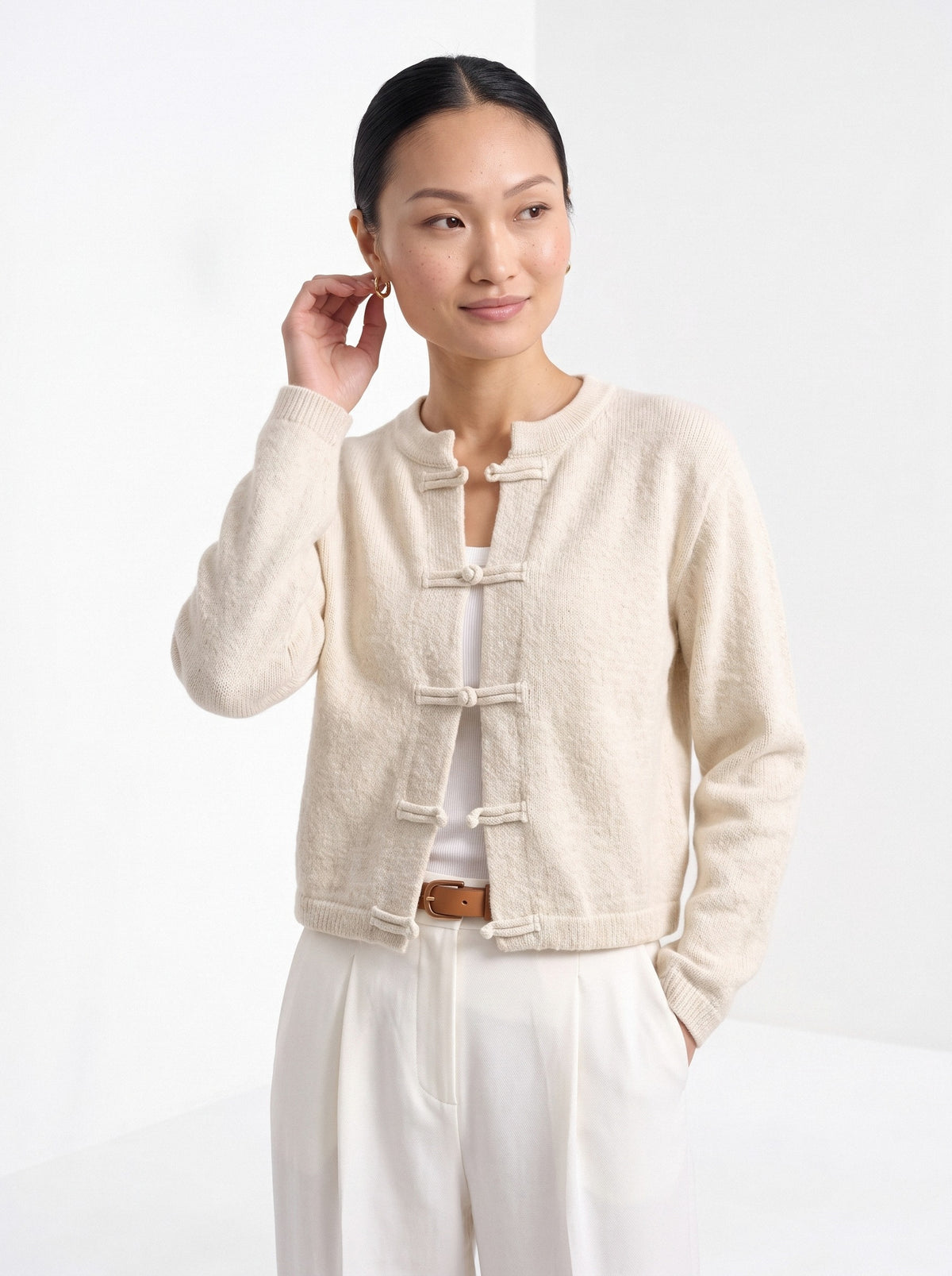 BLENIN knot button cardigan in cream, front portrait