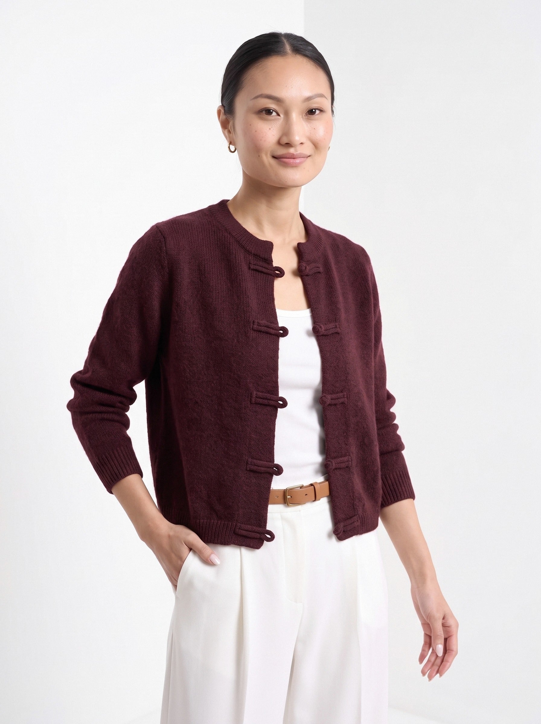 BLENIN knot button cardigan in burgundy, front portrait