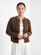 BLENIN knot button cardigan in chocolate, front portrait