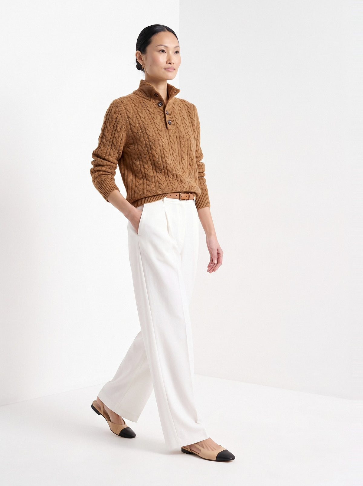 BLENIN cable button collar sweater in cognac, full-length front view
