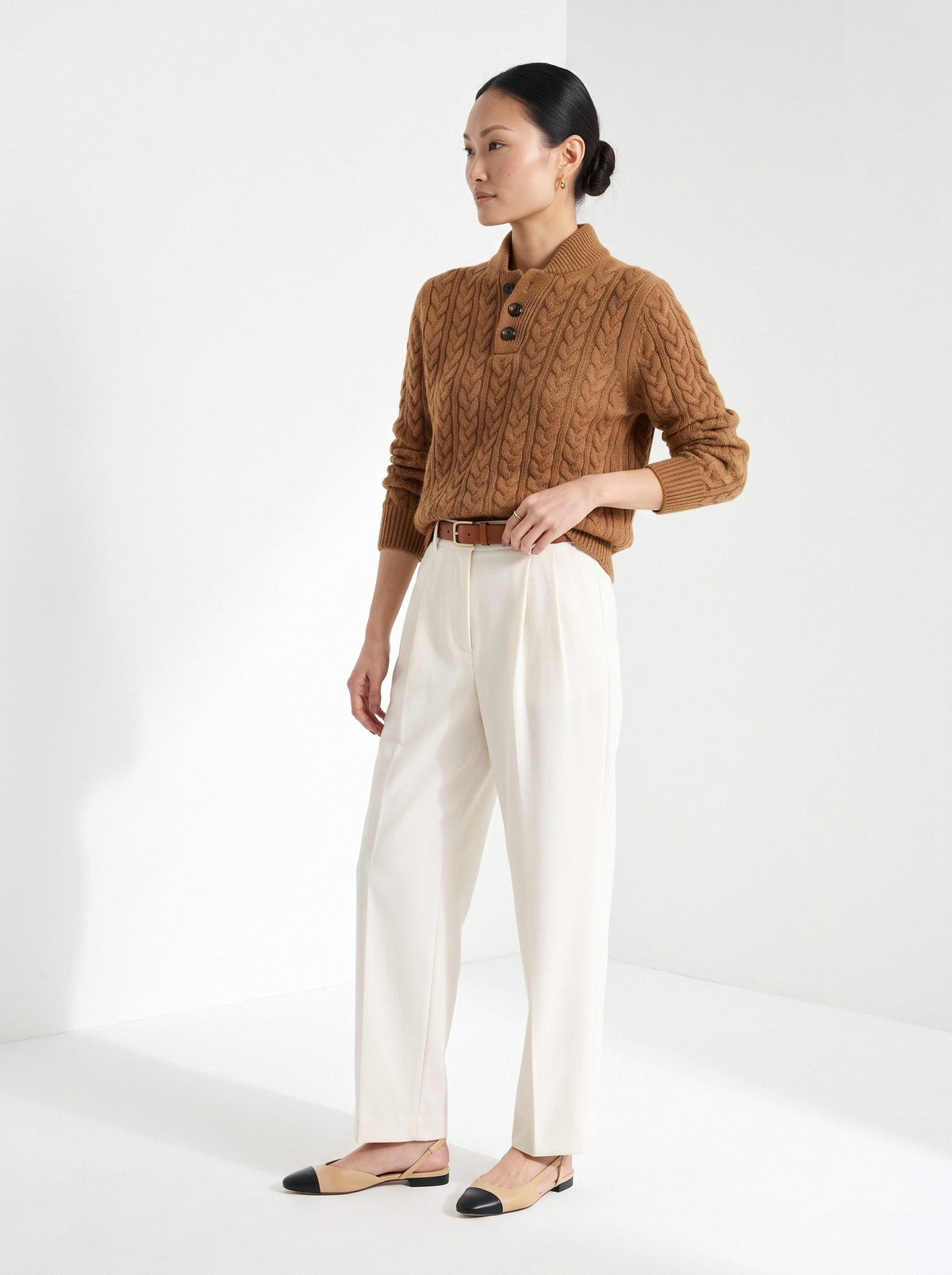 BLENIN cable button collar sweater in cognac, three-quarter view