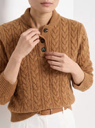 BLENIN cable button collar sweater in cognac, close-up of the collar and details