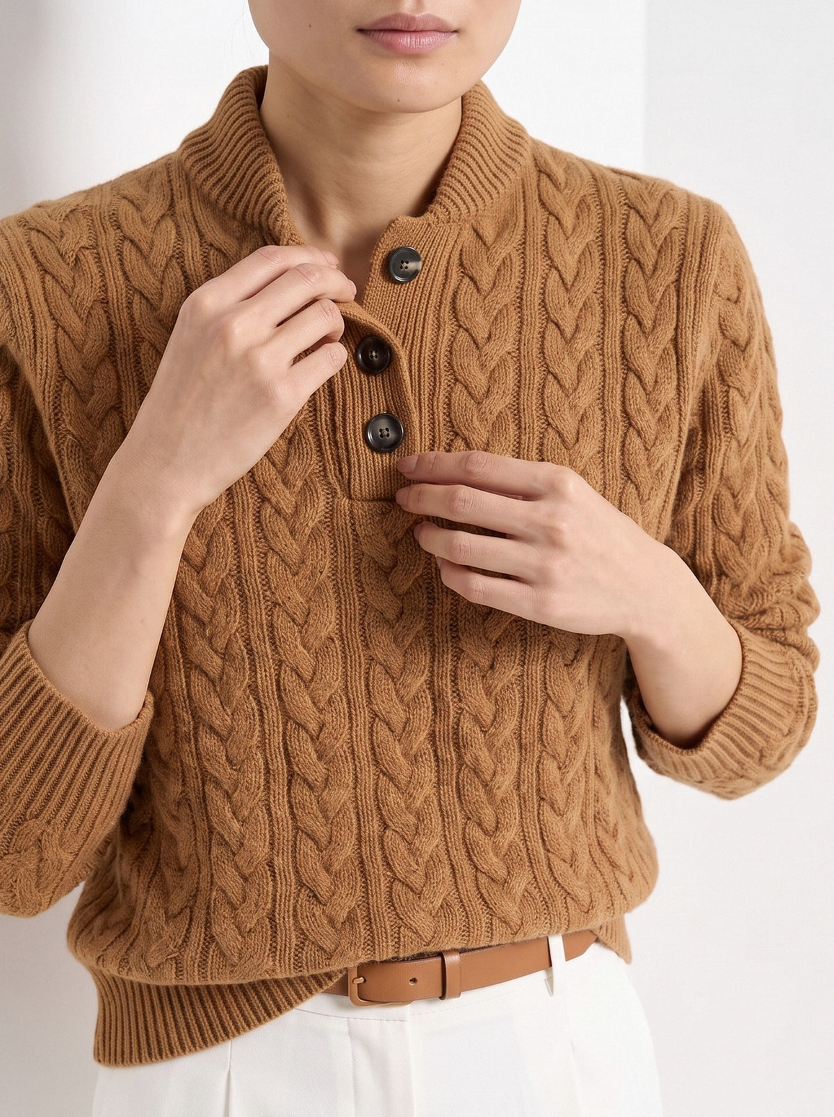 BLENIN cable button collar sweater in cognac, close-up of the collar and details