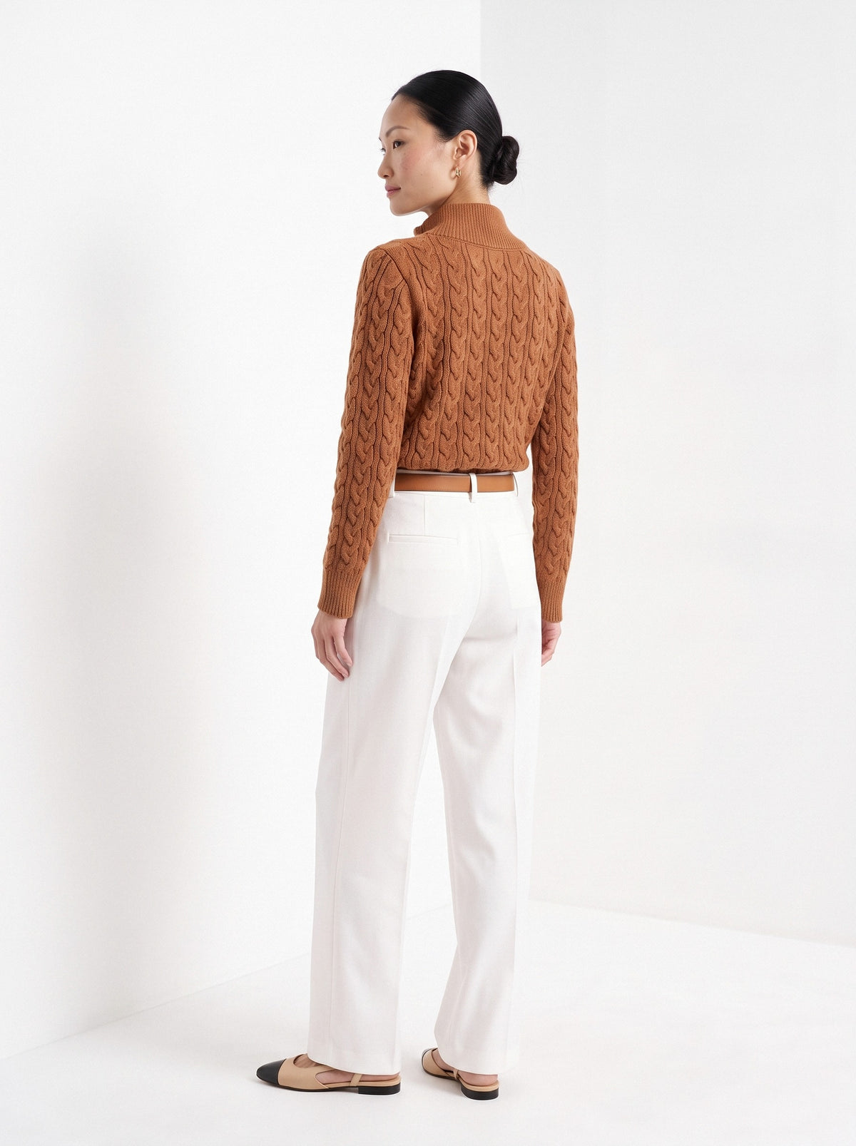 BLENIN cable button collar sweater in cognac, back view