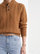 BLENIN cable button collar sweater in cognac, fit detail at the hem and cuff