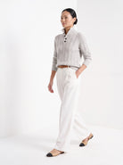 BLENIN cable button collar sweater in silver grey, full-length front view
