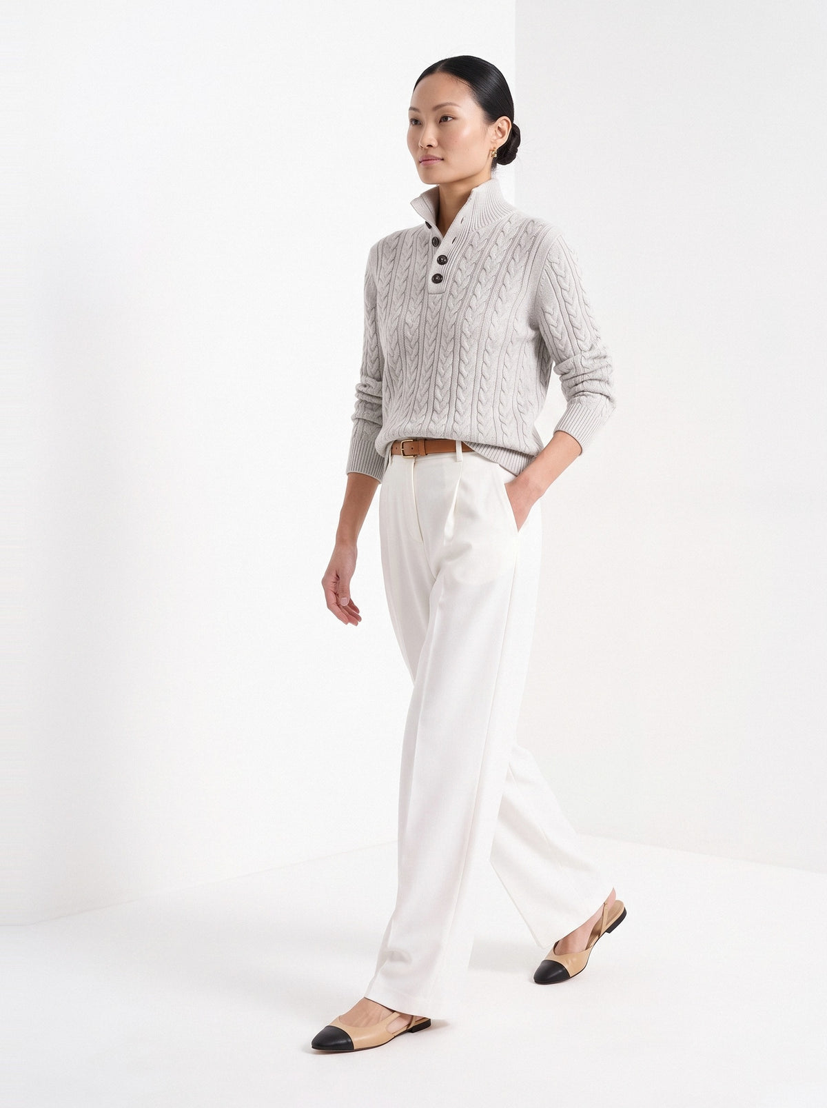 BLENIN cable button collar sweater in silver grey, full-length front view