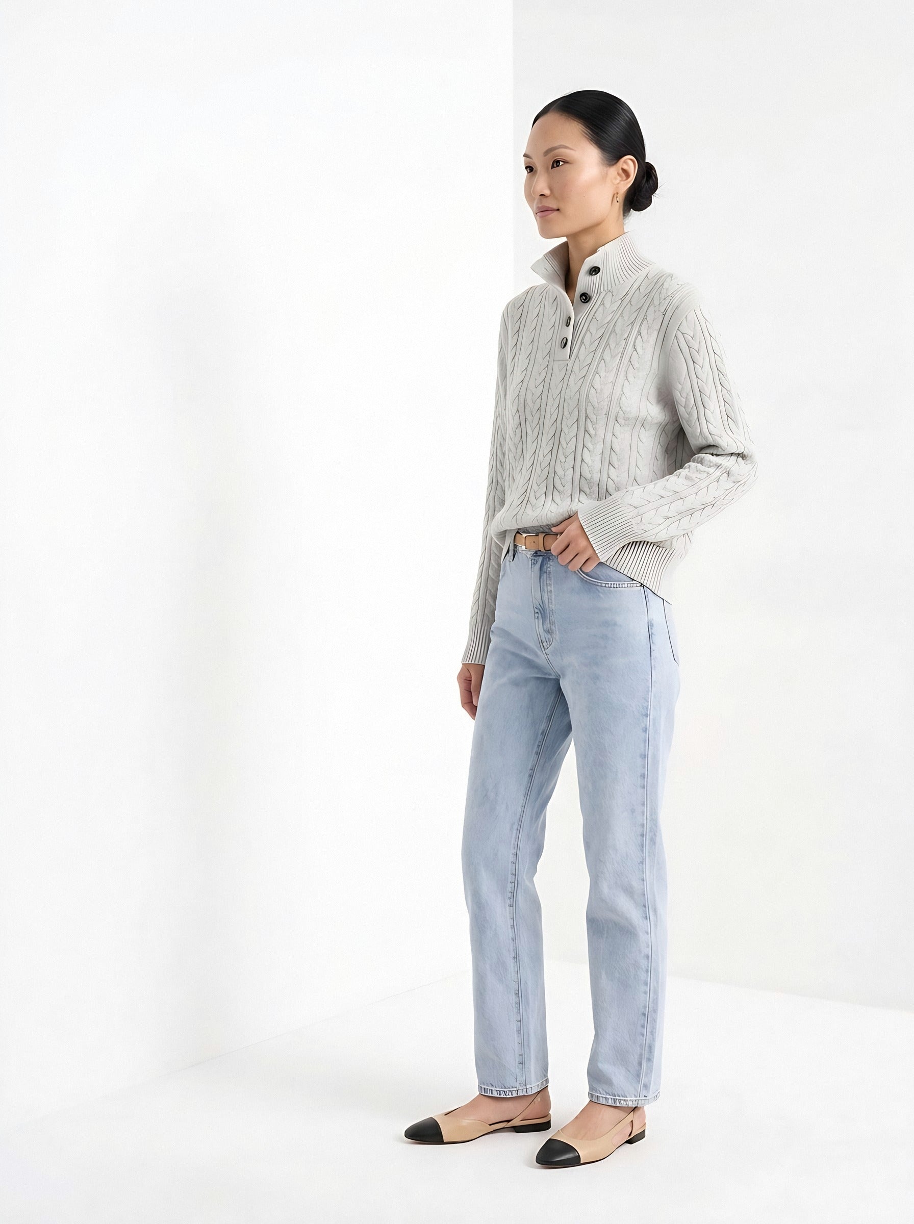 BLENIN cable button collar sweater in silver grey, three-quarter view
