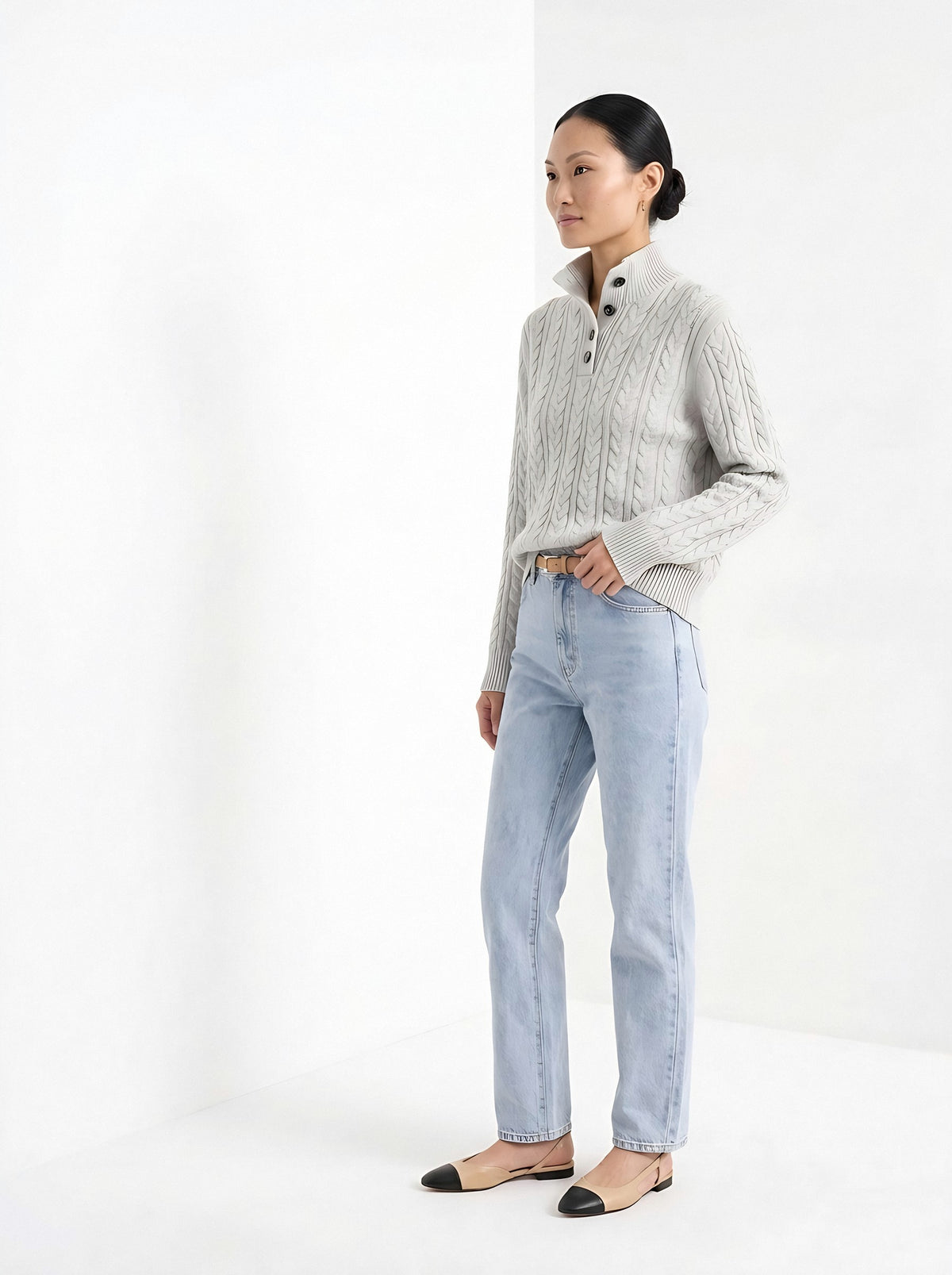 BLENIN cable button collar sweater in silver grey, three-quarter view