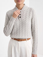BLENIN cable button collar sweater in silver grey, close-up of the details