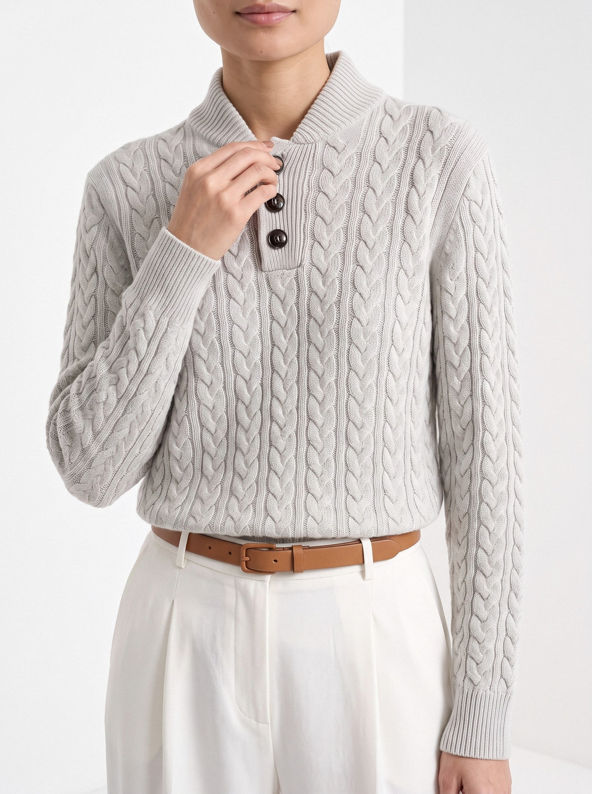 BLENIN cable button collar sweater in silver grey, close-up of the details