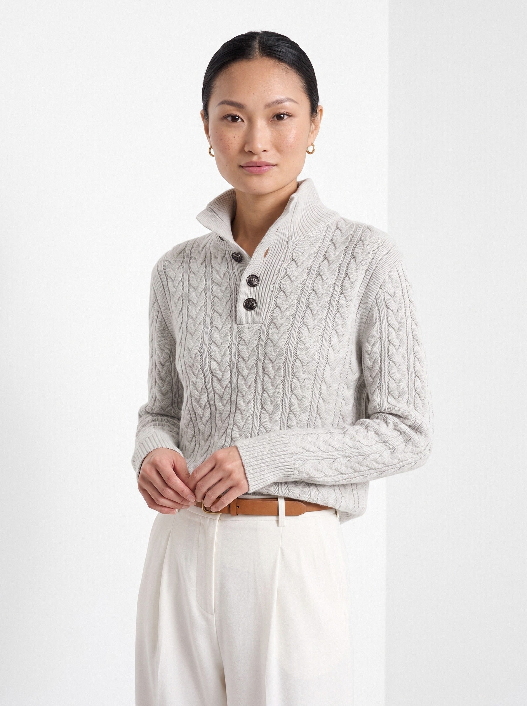 BLENIN cable button collar sweater in silver grey, front portrait