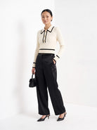 BLENIN contrast collar button sweater in cream, full-length front view