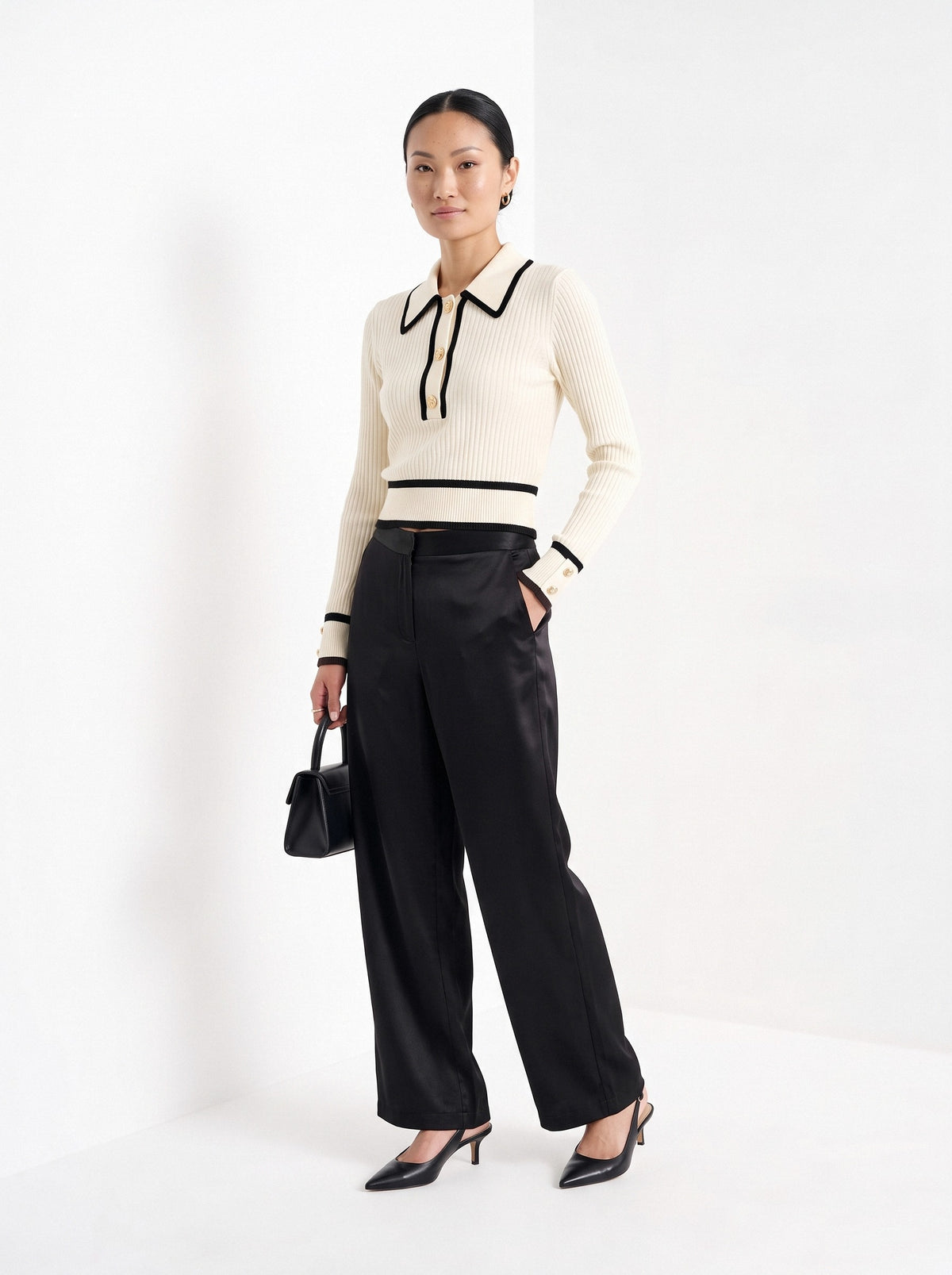 BLENIN contrast collar button sweater in cream, full-length front view