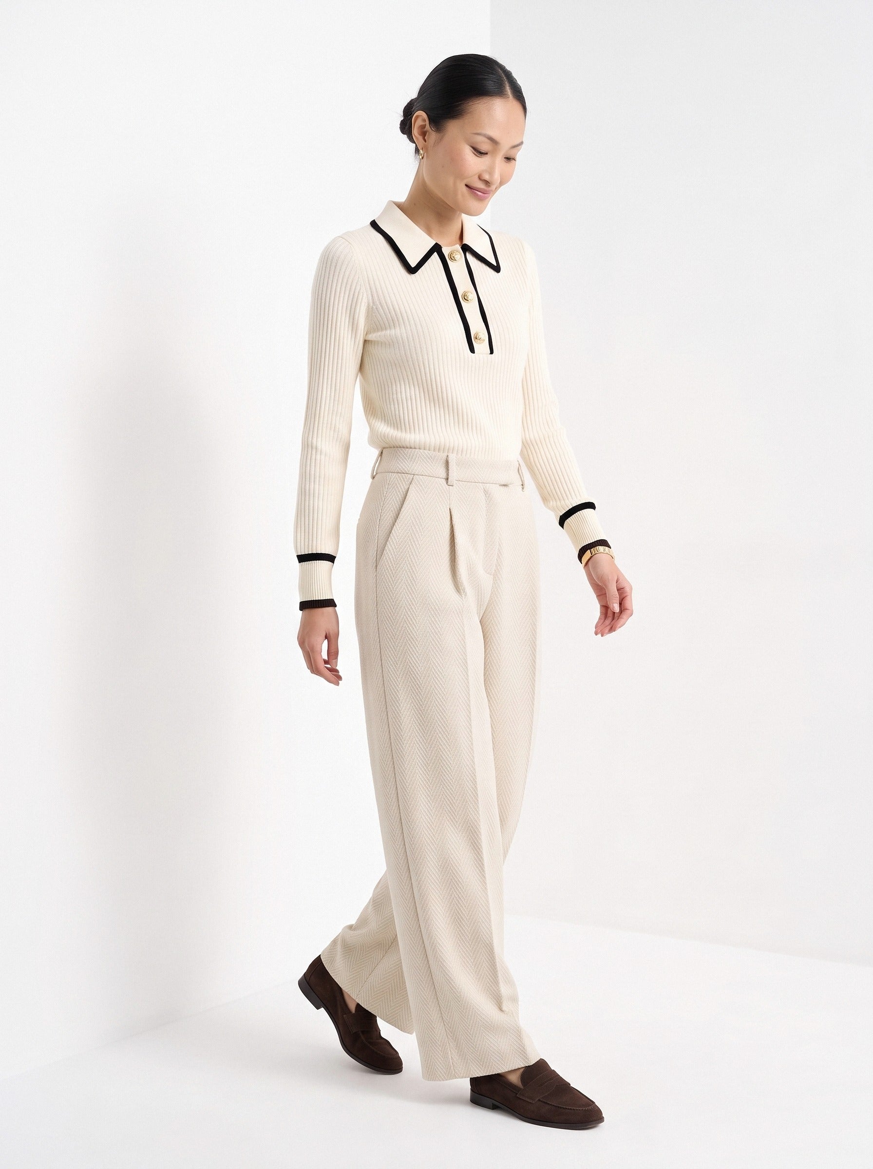 BLENIN contrast collar button sweater in cream, full outfit, walking