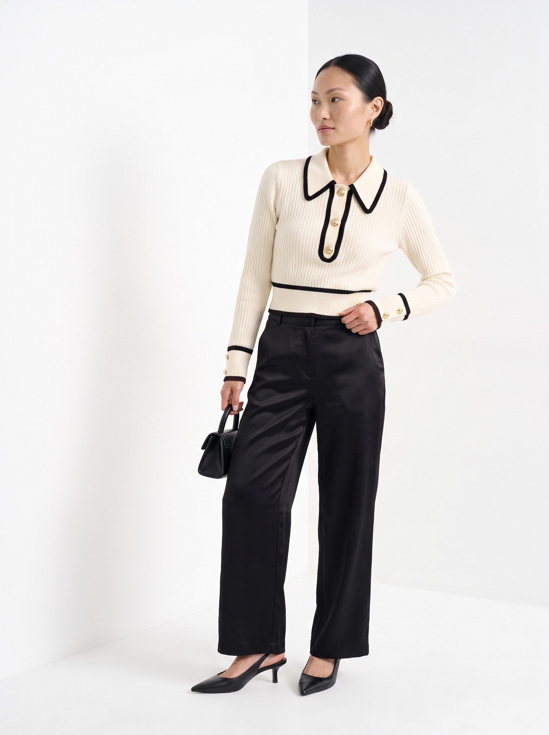 BLENIN contrast collar button sweater in cream, three-quarter view