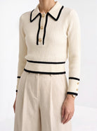 BLENIN contrast collar button sweater in cream, fit detail at the hem and cuff