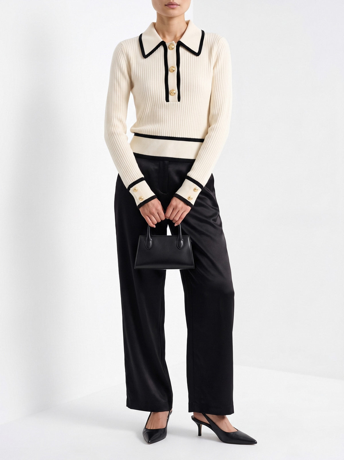 BLENIN contrast collar button sweater in cream, styled detail