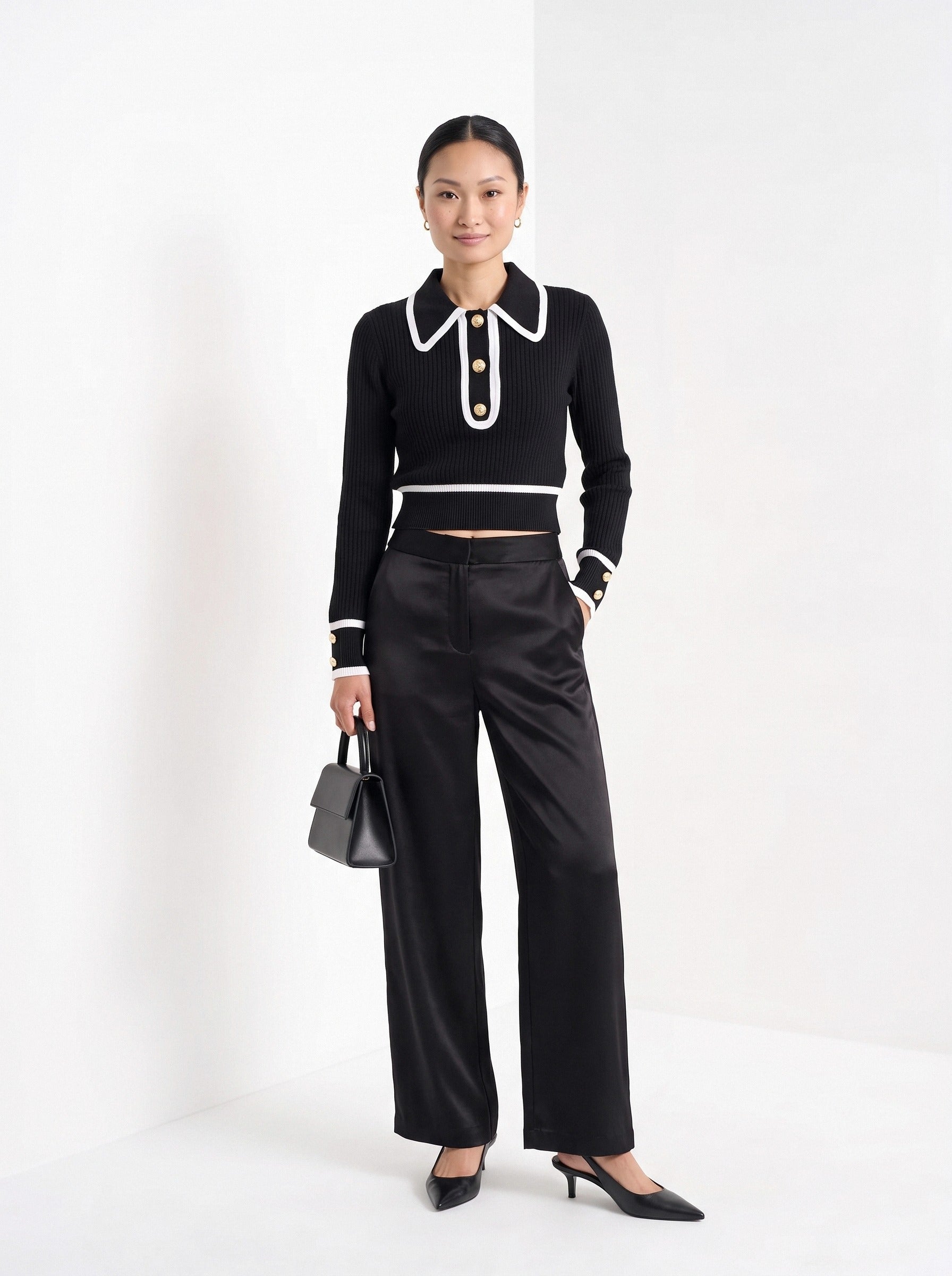BLENIN contrast collar button sweater in black, full-length front view