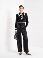 BLENIN contrast collar button sweater in black, full-length front view