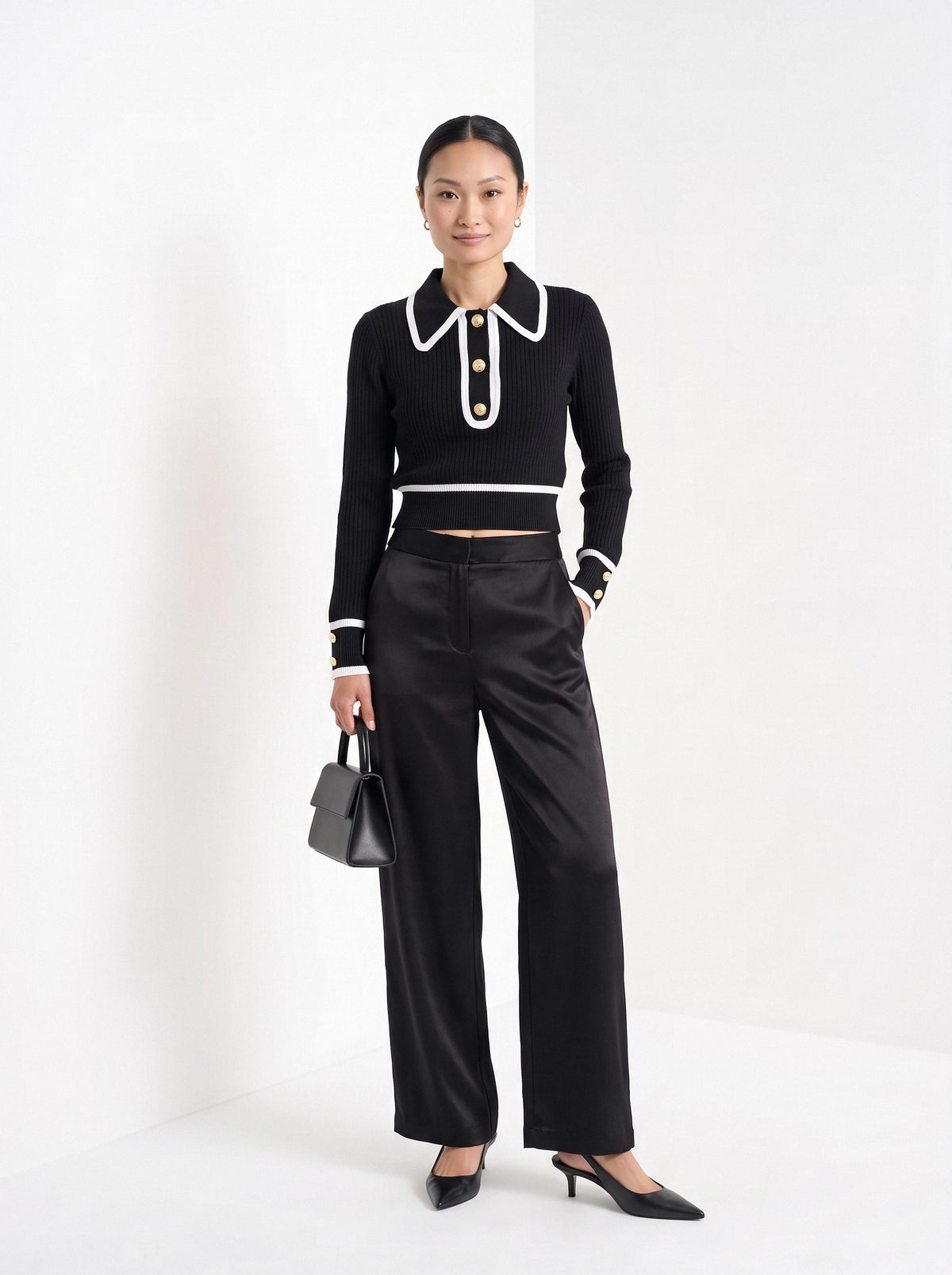 BLENIN contrast collar button sweater in black, full-length front view