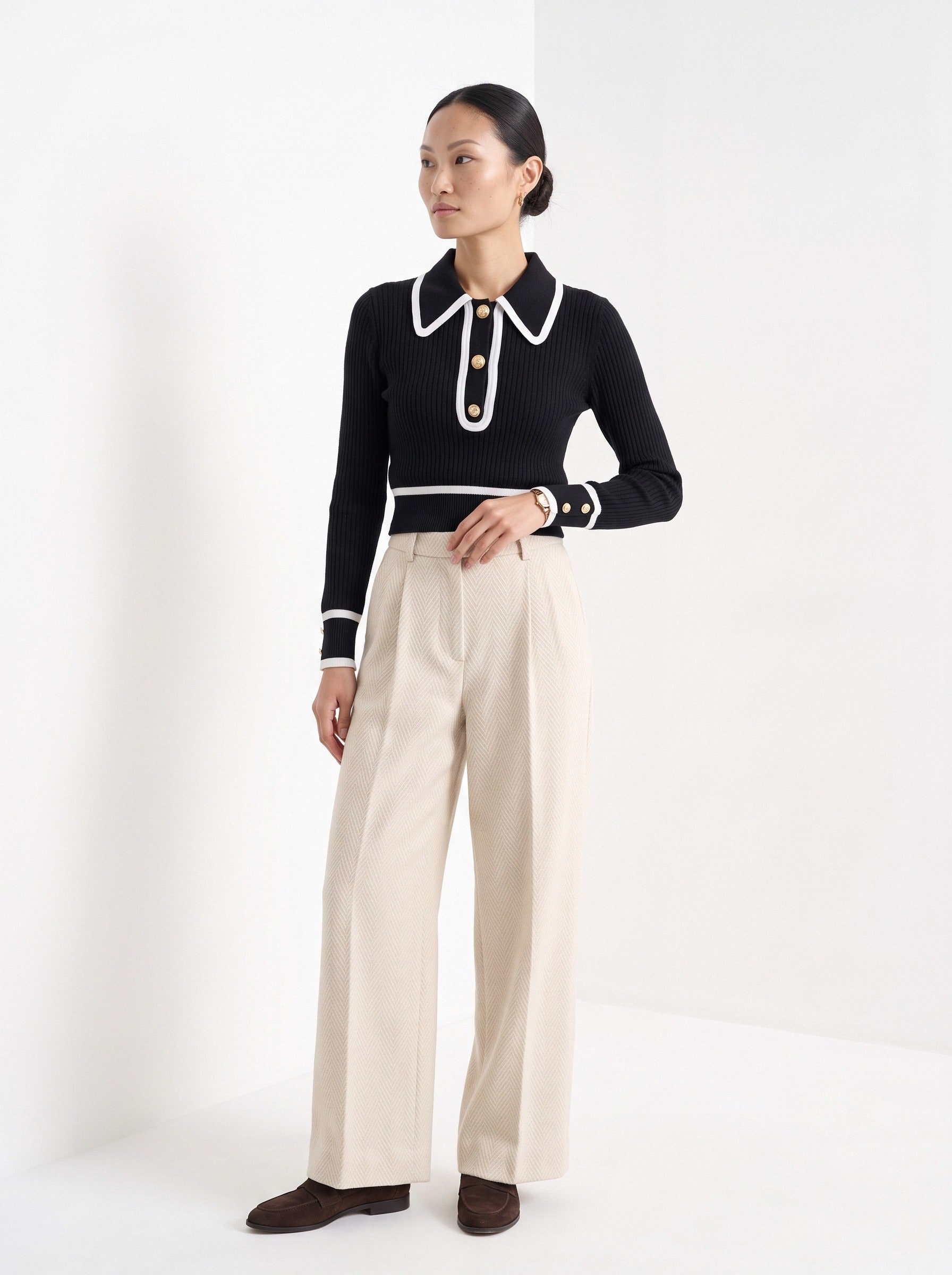 BLENIN contrast collar button sweater in black, three-quarter view