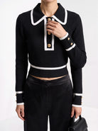 BLENIN contrast collar button sweater in black, close-up of the details
