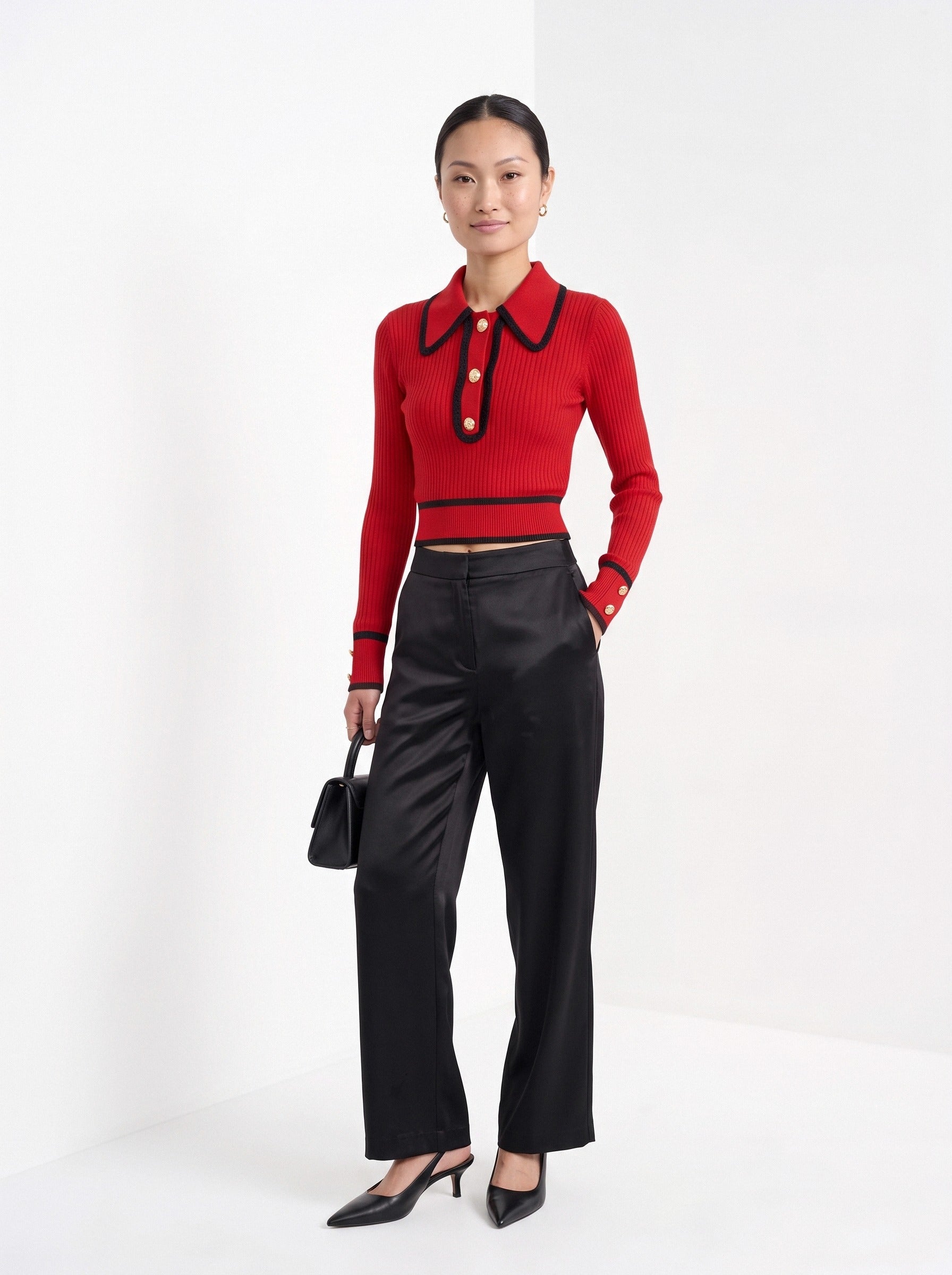 BLENIN contrast collar button sweater in red, full-length front view