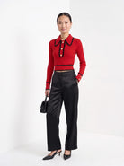 BLENIN contrast collar button sweater in red, full-length front view