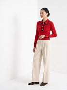 BLENIN contrast collar button sweater in red, three-quarter view