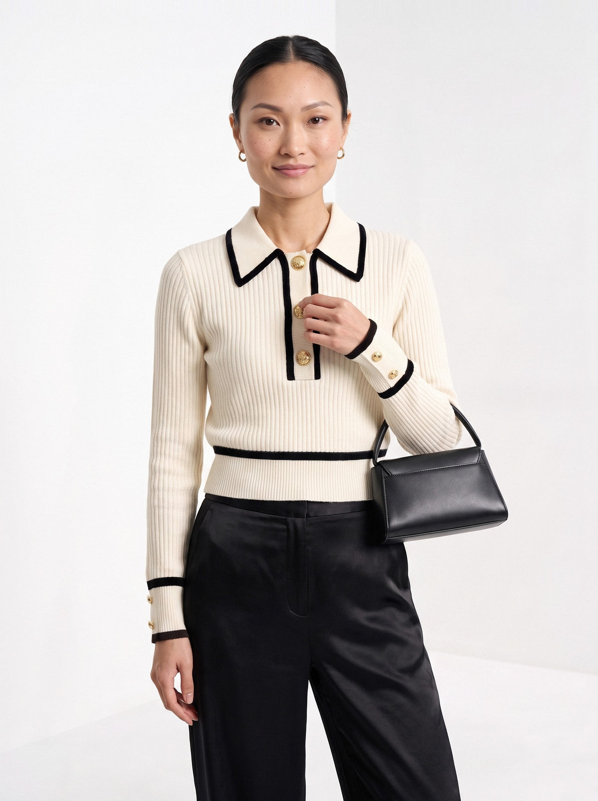 BLENIN contrast collar button sweater in cream, front portrait